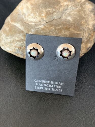 Navajo White Opal Post Shadow Box Earrings | Sterling Silver | 0.25" | Authentic Native American Handmade | 13036