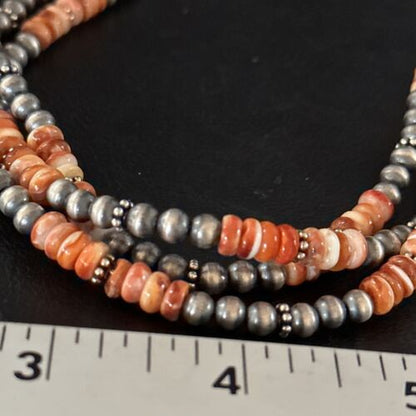 Navajo Pearls Necklace | Sterling Silver | Orange Spiny Oyster | 3-Strand | 22" | 14675