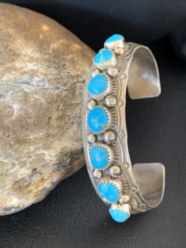 Navajo Kingman Turquoise Cuff Bracelet | Sterling Silver | Leaf Shape | 7 Stones | 12163 - Masha USA