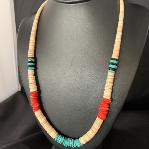 Authentic Native American Santo Domingo Necklace | Red Coral, Blue Turquoise, Onyx Shell | 22" | 13488
