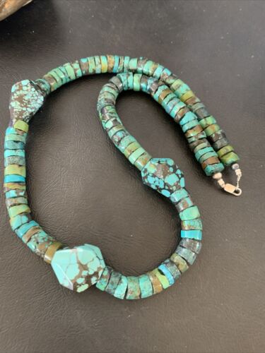 Chunky Men's Navajo Spiderweb Turquoise Heishi Sterling Necklace | 21" | 124506 - Masha USA