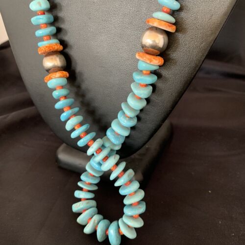 Navajo Natural Turquoise & Spiny Oyster Necklace | Sterling Silver | Authentic Native American | 29" | 13234