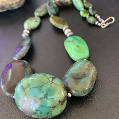 Navajo Sterling Silver Graduated Green Nugget Turquoise Necklace | Authentic Native American | 21" | 10724