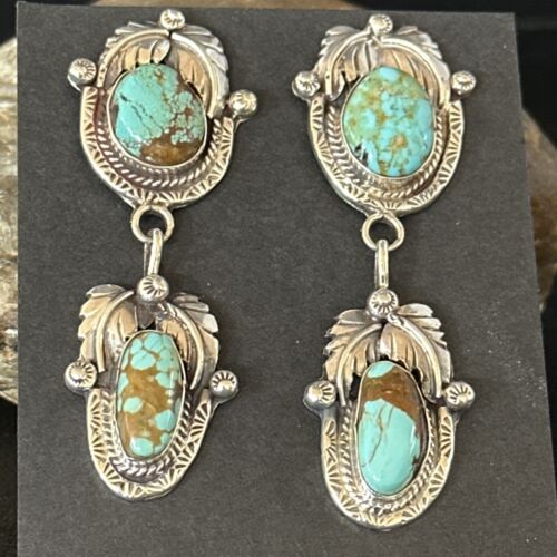 Navajo Blue #8 Turquoise Dangle Earrings | Sterling Silver | Authentic Native American Handmade | 14339 - Masha USA