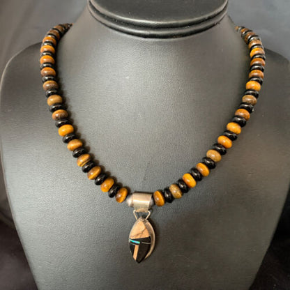 Navajo Sterling Silver Inlay Necklace with Black Onyx, Tigers Eye, Picture Jasper | 22" | 13761