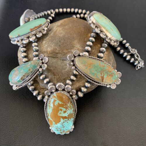 Navajo Royston Turquoise Pendant Necklace | Sterling Silver | Authentic Native American Handmade | XL | 12368