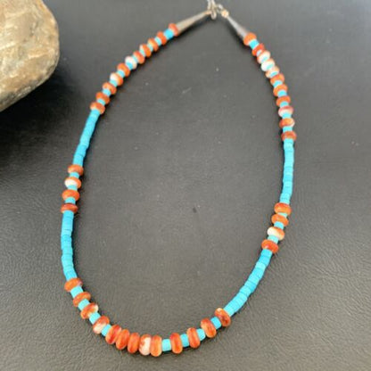 Navajo Sterling Silver Spiny Oyster Turquoise Necklace | 16" | Authentic Native American Handmade | 10692 - Masha USA