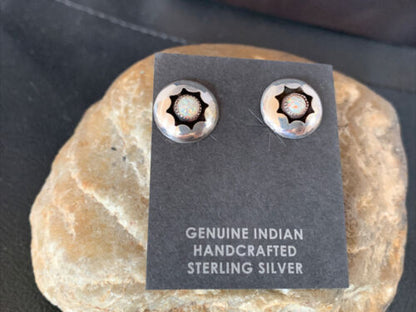 Navajo White Opal Post Shadow Box Earrings | Sterling Silver | 0.25" | Authentic Native American Handmade | 13036