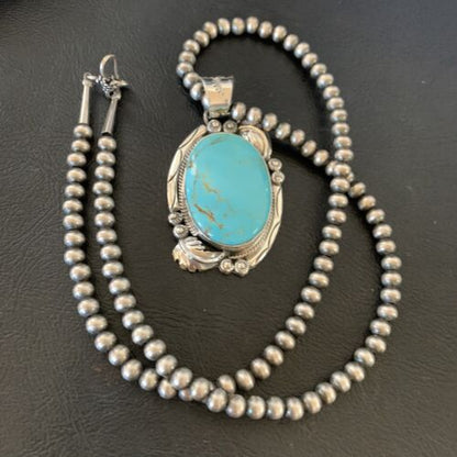 Navajo Pearl Blue Kingman Turquoise Necklace Pendant | Sterling Silver | Authentic Native American Handmade | 12287