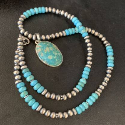Navajo Blue Turquoise Pendant Necklace | Sterling Silver | Authentic Native American Handmade | 13868