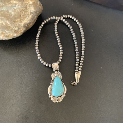 Men's Navajo Pearls Necklace with Blue Kingman Turquoise Pendant | Sterling Silver | Native American Handmade | 12592