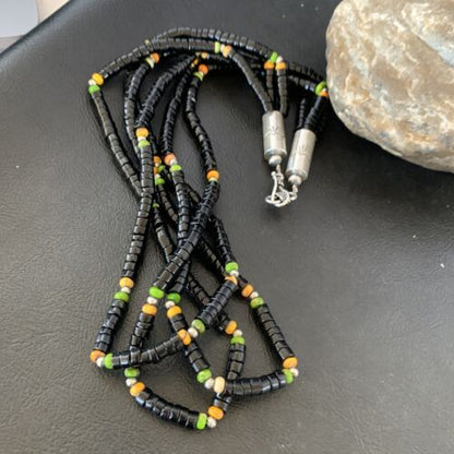 Navajo Sterling Silver Black Onyx Spiny Turquoise Bead Necklace Heishi 22" | Handmade 10893 - Masha USA