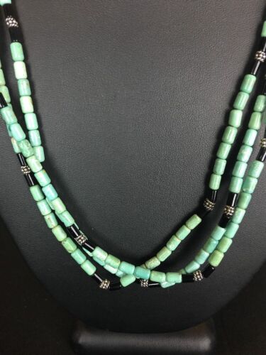 Turquoise Stone 3 Strand Sterling Silver Necklace | 22" Navajo Native American | 3266