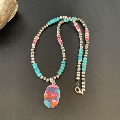 Navajo Pearls Sterling Silver Necklace with Turquoise and Purple Spiny Oyster Pendant | 13153