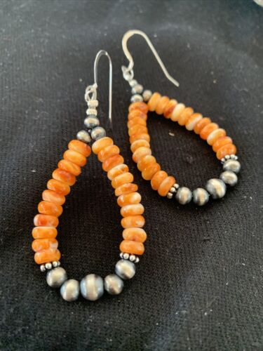 Southwestern Sterling Silver Navajo Pearl Spiny Oyster Bead Earrings | 2" | Authentic Native American Handmade | 854