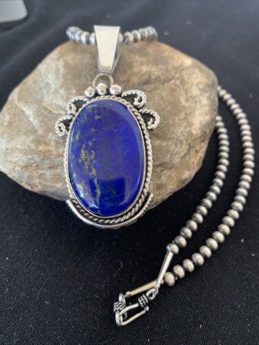 Native American Men's Navajo Pearls Necklace Pendant | Sterling Silver Blue Lapis | 1538