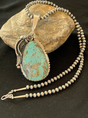 Men's Blue Turquoise Pendant Necklace | Navajo Pearls | Sterling Silver | Authentic Native American Handmade | 2565