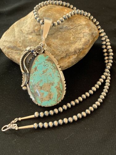 Men's Blue Turquoise Pendant Necklace | Navajo Pearls | Sterling Silver | Authentic Native American Handmade | 2565