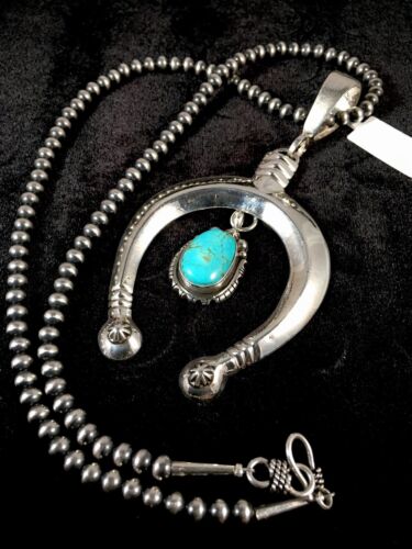 Navajo Turquoise #8 Naja Pendant | Sterling Silver Necklace | Authentic Native American Handmade | 8670