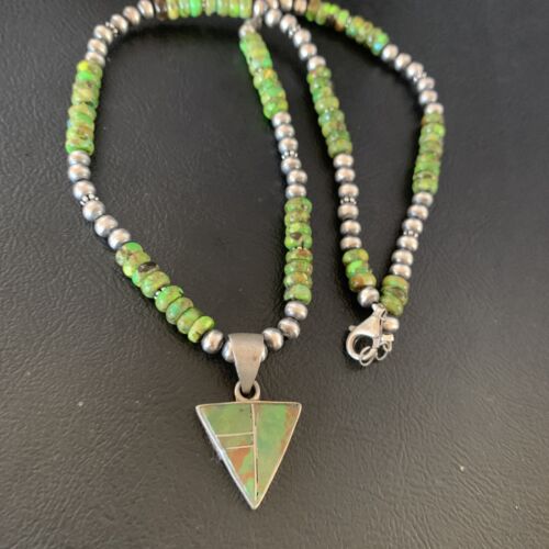 Navajo Green Gaspeite Turquoise Inlay Pendant | Sterling Silver | Authentic Native American Handmade | 13271