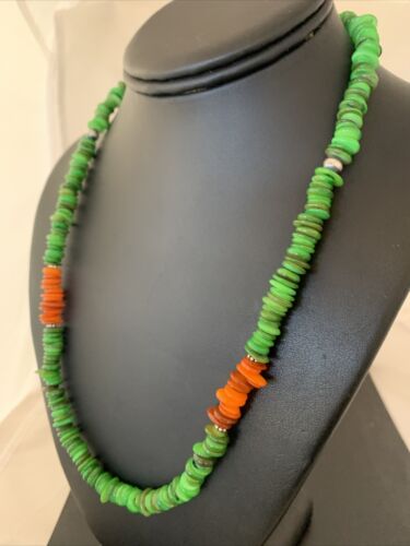 Navajo Pearls Necklace | Orange Green Mother of Pearls | Sterling Silver | Authentic Native American Handmade | 20" | 1053