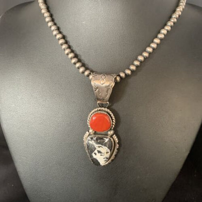Navajo White Buffalo Turquoise Coral Pendant | Sterling Silver | Multi-Stone Necklace | 13579