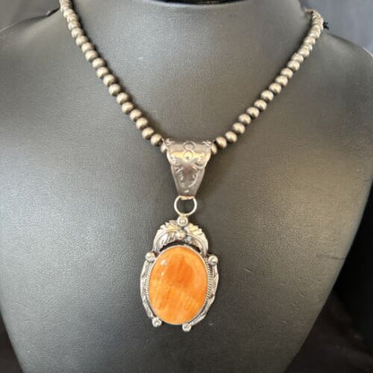 Navajo Pearls Necklace with Orange Spiny Oyster Pendant | Sterling Silver | Authentic Native American Handmade | 14720