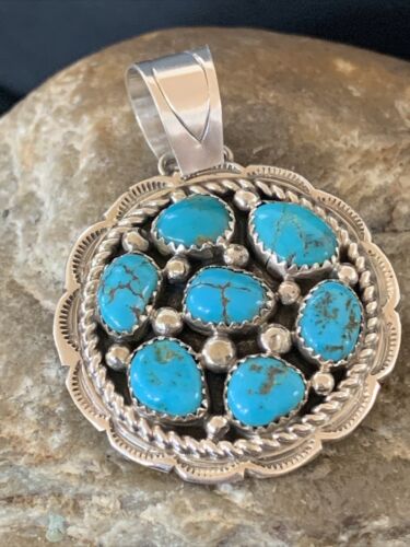 Navajo Kingman Blue Turquoise Cluster Pendant | Authentic Native American Sterling Silver | Multi-Stone | 2" | 2093