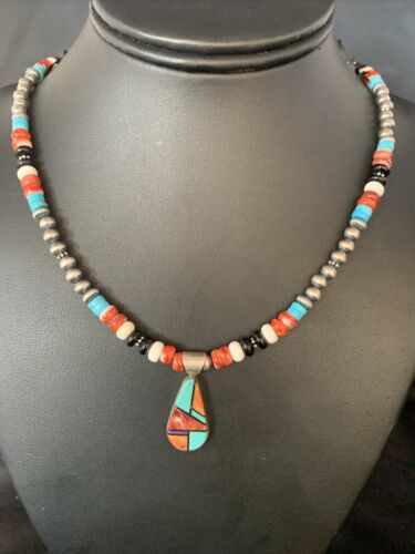 Navajo Multi-Color Turquoise Onyx Inlay Pendant Necklace | Sterling Silver | Authentic Native American Handmade | 13799