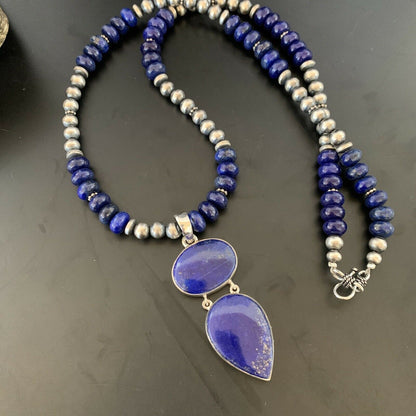 Navajo Sterling Silver Beads Necklace with Lapis Lazuli Pendant | 8mm | Authentic Native American Handmade | 11364