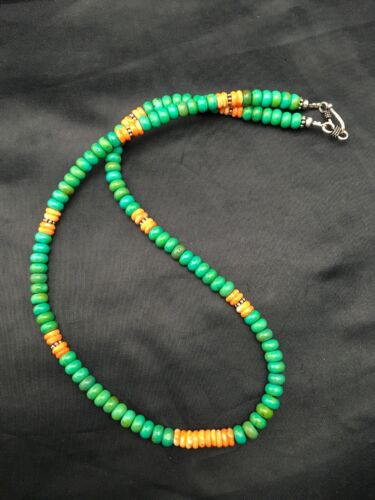 Navajo Green Turquoise & Spiny Oyster Necklace | Sterling Silver | 19" | Authentic Native American Handmade | 4488