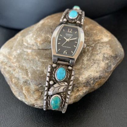 Vintage Navajo Sterling Silver Watch Tips | Old Pawn Blue Turquoise Band | Authentic Native American Jewelry