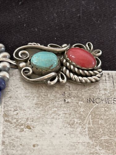 Navajo Pearls Sterling Silver Pendant Necklace | Lapis, Turquoise & Coral | Native American Handmade | 01176