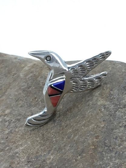 Navajo Spiny Oyster Lapis Hummingbird Pin | Sterling Silver | Authentic Native American Handmade | 2902