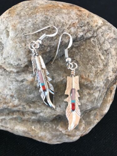 Navajo Coral Inlay Feather Earrings | Sterling Silver | Authentic Native American Handmade | 2007