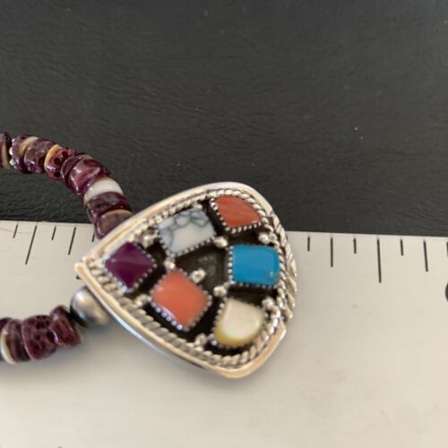 Navajo Multi-Color Multi-Stone Pendant | Authentic Native American Sterling Silver | Purple Spiny Oyster Necklace | 12356