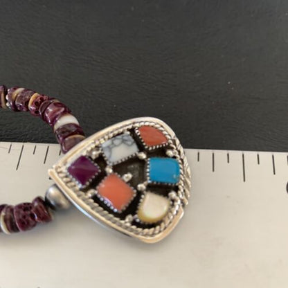 Navajo Multi-Color Multi-Stone Pendant | Authentic Native American Sterling Silver | Purple Spiny Oyster Necklace | 12356