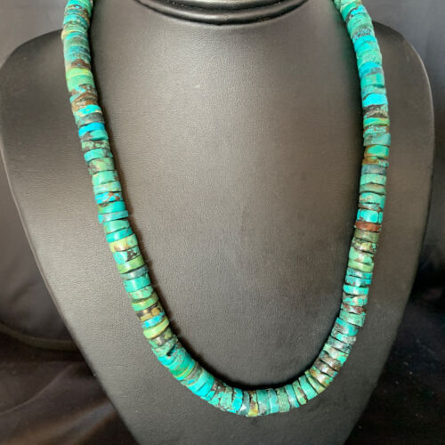 Turquoise Heishi Bead Necklace | 12mm | 20" | Sterling Silver | Native American Handmade | 13931