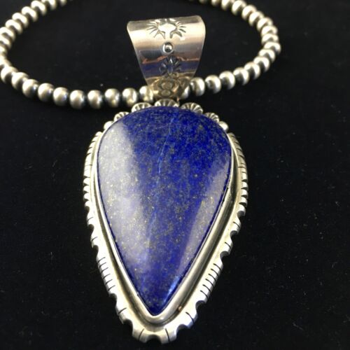 Native American Men's Navajo Pearls Necklace Pendant | Sterling Silver | Blue Lapis | 10081