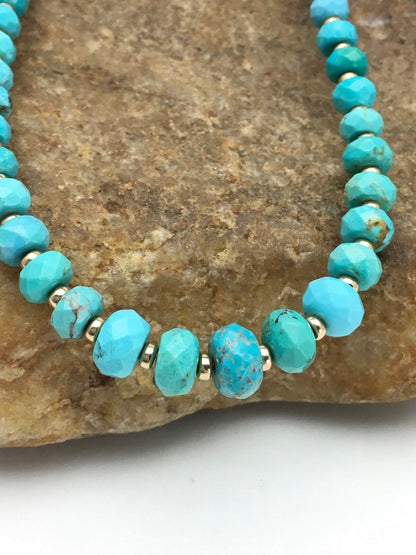 Navajo Faceted Blue Turquoise Necklace | Gold Filled Beads | Authentic Native American | 24" | 13751