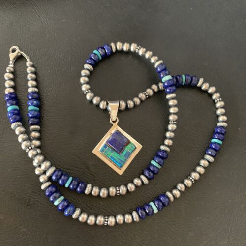 Men's Navajo Blue Lapis Turquoise Opal Inlay Pendant Necklace | Sterling Silver | 21" | 12607