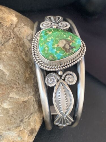 Navajo Green Sonoran Gold Turquoise Cuff Bracelet | Sterling Silver | Authentic Native American Handmade | 13830