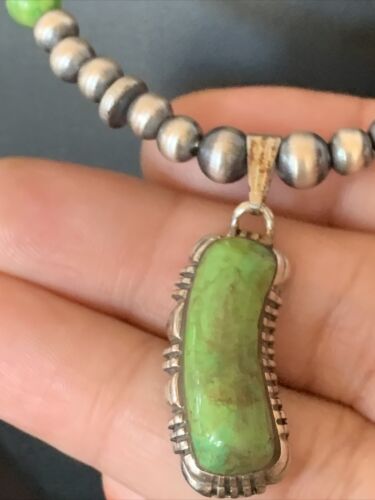 Navajo Green Gaspeite Turquoise Pendant | Sterling Silver Inlay | Authentic Native American Handmade | 12342