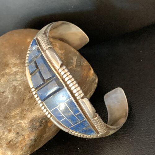 Native American Men's Blue Lapis Inlay Cuff Bracelet | Navajo Sterling Silver | 13709