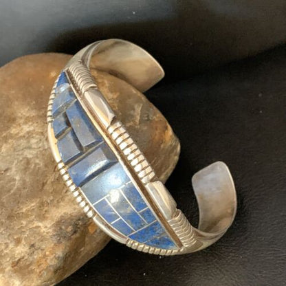 Native American Men's Blue Lapis Inlay Cuff Bracelet | Navajo Sterling Silver | 13709