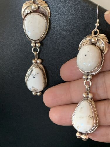 Navajo White Buffalo Turquoise Dangle Earrings | Sterling Silver | 2.50" | Authentic Native American Handmade | 1665