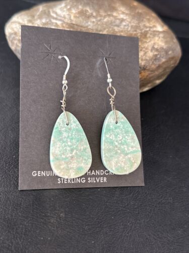 Southwestern Navajo Slab Turquoise Dangle Earrings | Sterling Silver | Authentic Native American Handmade | 01354