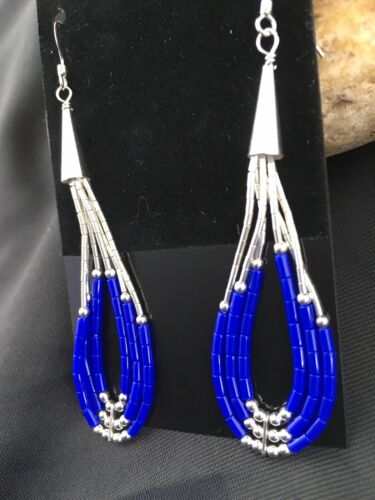 Native American Handmade Sterling Silver Heishi Dangle Earrings Set | Blue Lapis | 2" | 1961