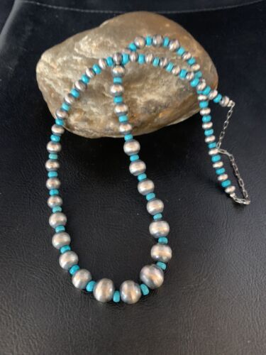 Navajo Pearls Graduated Blue Turquoise Bead Necklace | Sterling Silver | 16" | 13593