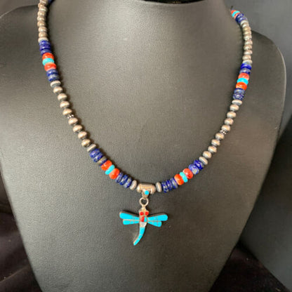 Dragonfly Sterling Silver Turquoise Coral Inlay Pendant | Multi-Color | Navajo Jewelry | 13514 - Masha USA